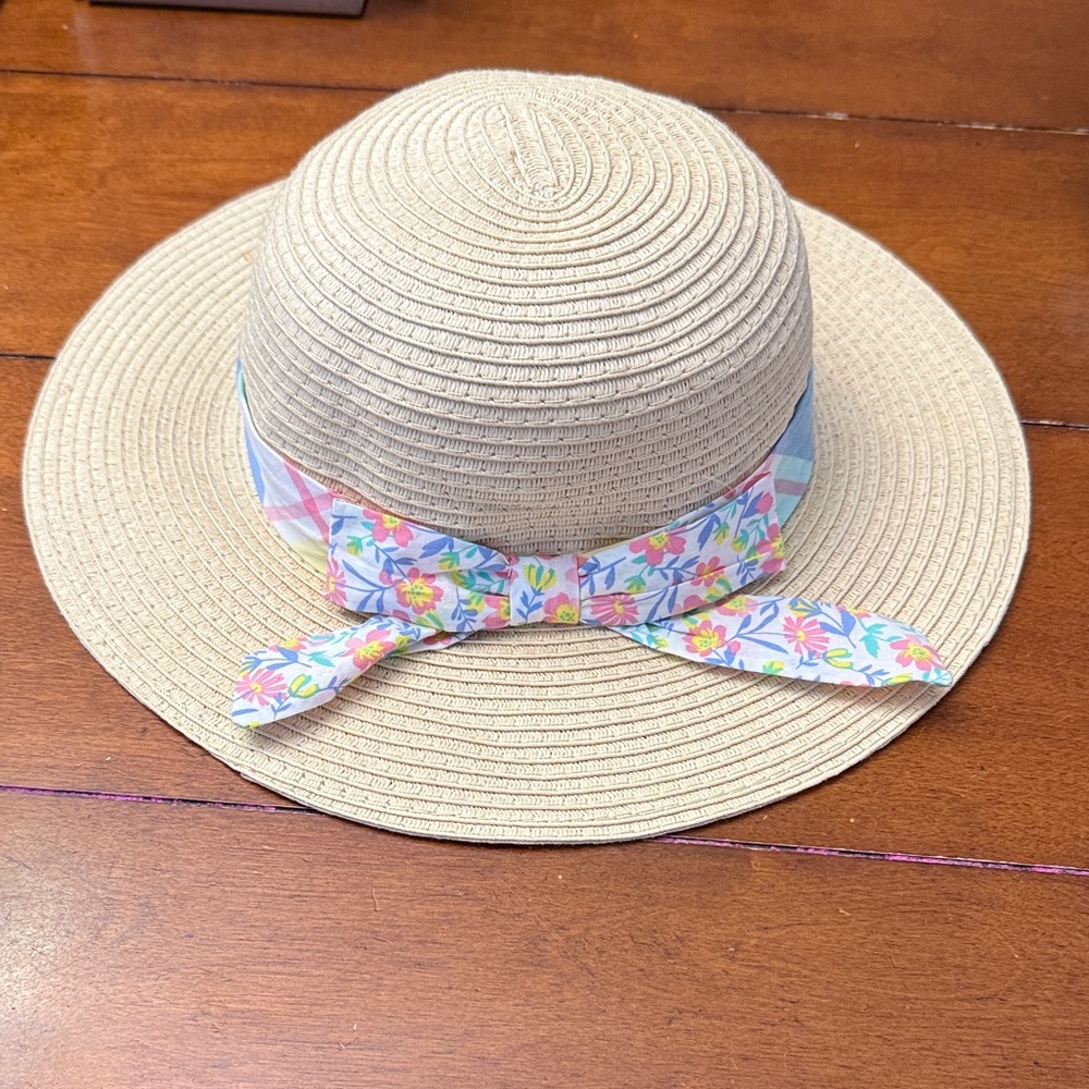 Kids Tan Sun Hat with Floral Ribbon